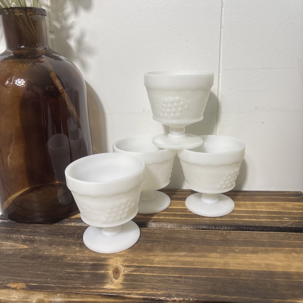 Milk Glass Grape & Leaf Footed Dessert Cups Mid century Set of 4 Vintage